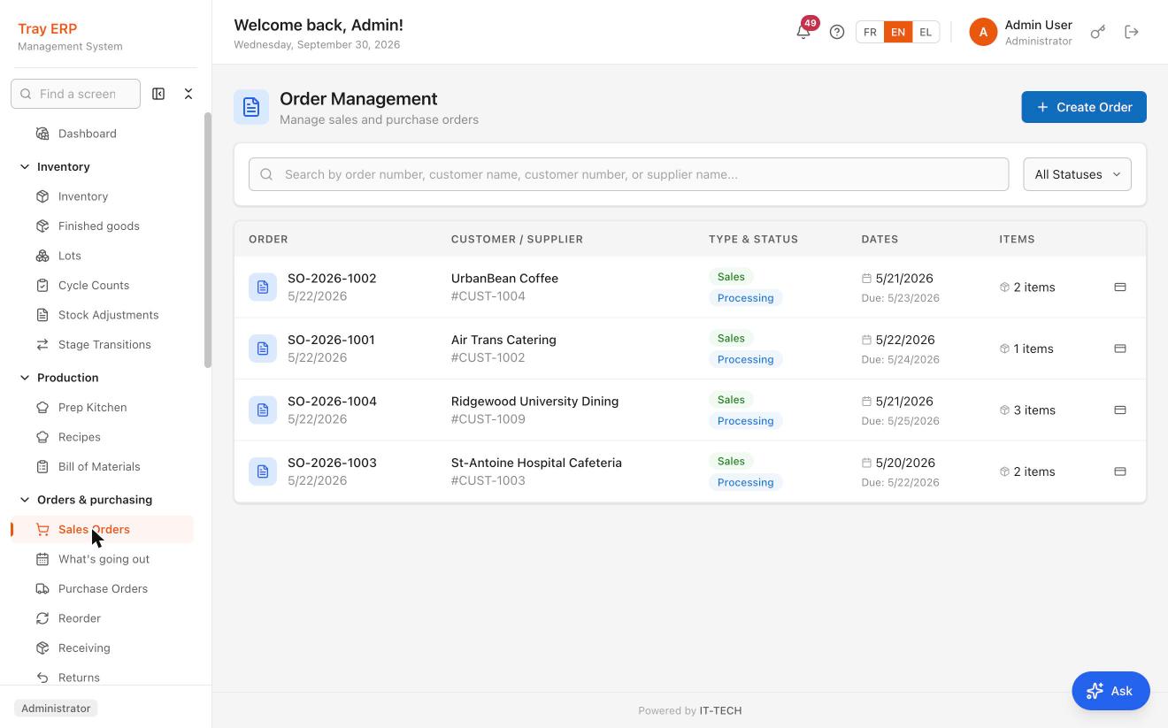 The Tray ERP order management list: four sales orders for UrbanBean Coffee, Air Trans Catering, Ridgewood University Dining and St-Antoine Hospital Cafeteria, each showing customer number, Processing status, order and due dates, and item count.