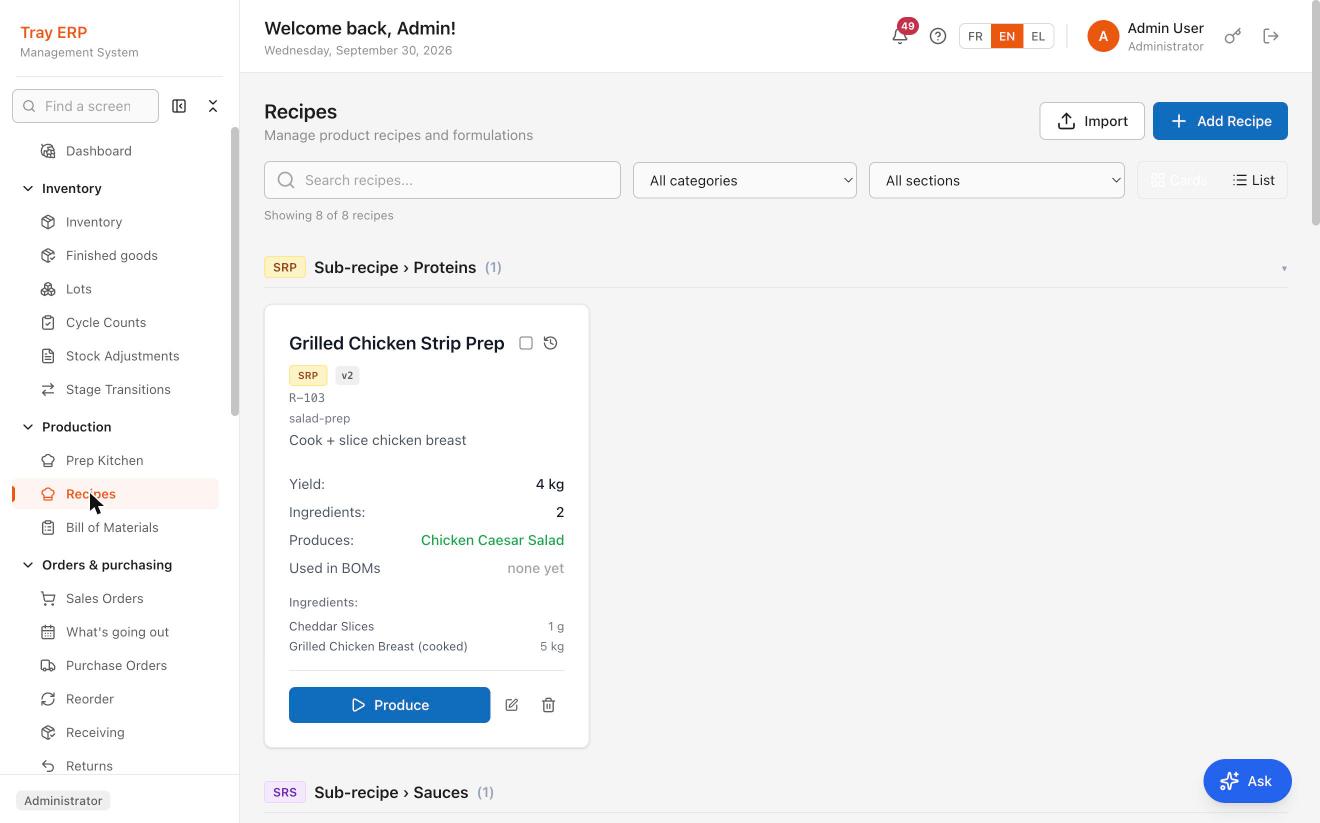 The Tray ERP Recipes screen showing a sub-recipe, Grilled Chicken Strip Prep, with its version, 4 kg yield, two ingredients with quantities, and the finished product it produces.