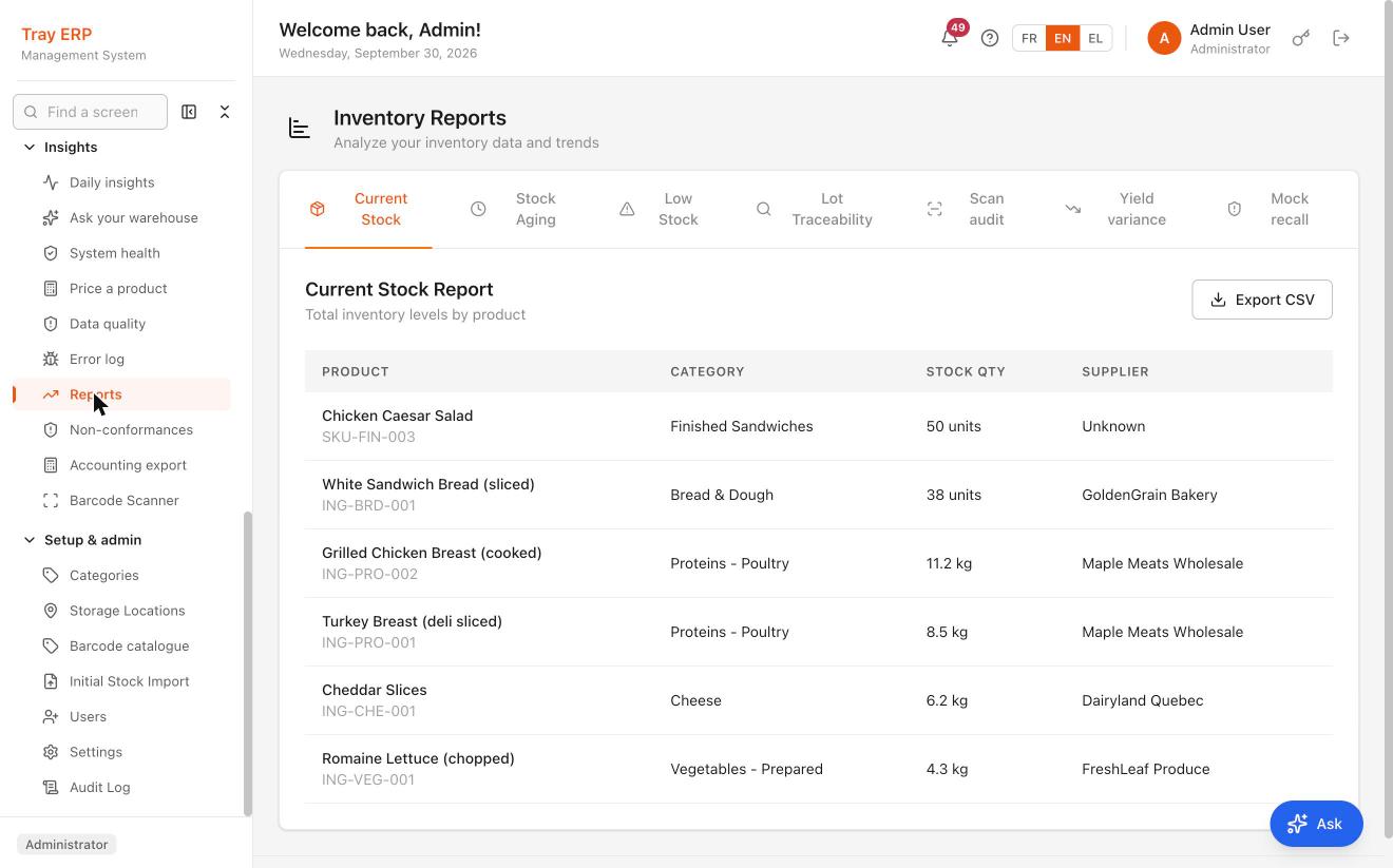 The Tray ERP inventory reports screen with tabs for Current Stock, Stock Aging, Low Stock, Lot Traceability, Scan audit, Yield variance and Mock recall. The Current Stock report lists each product with its category, stock quantity and supplier, and an Export CSV button.